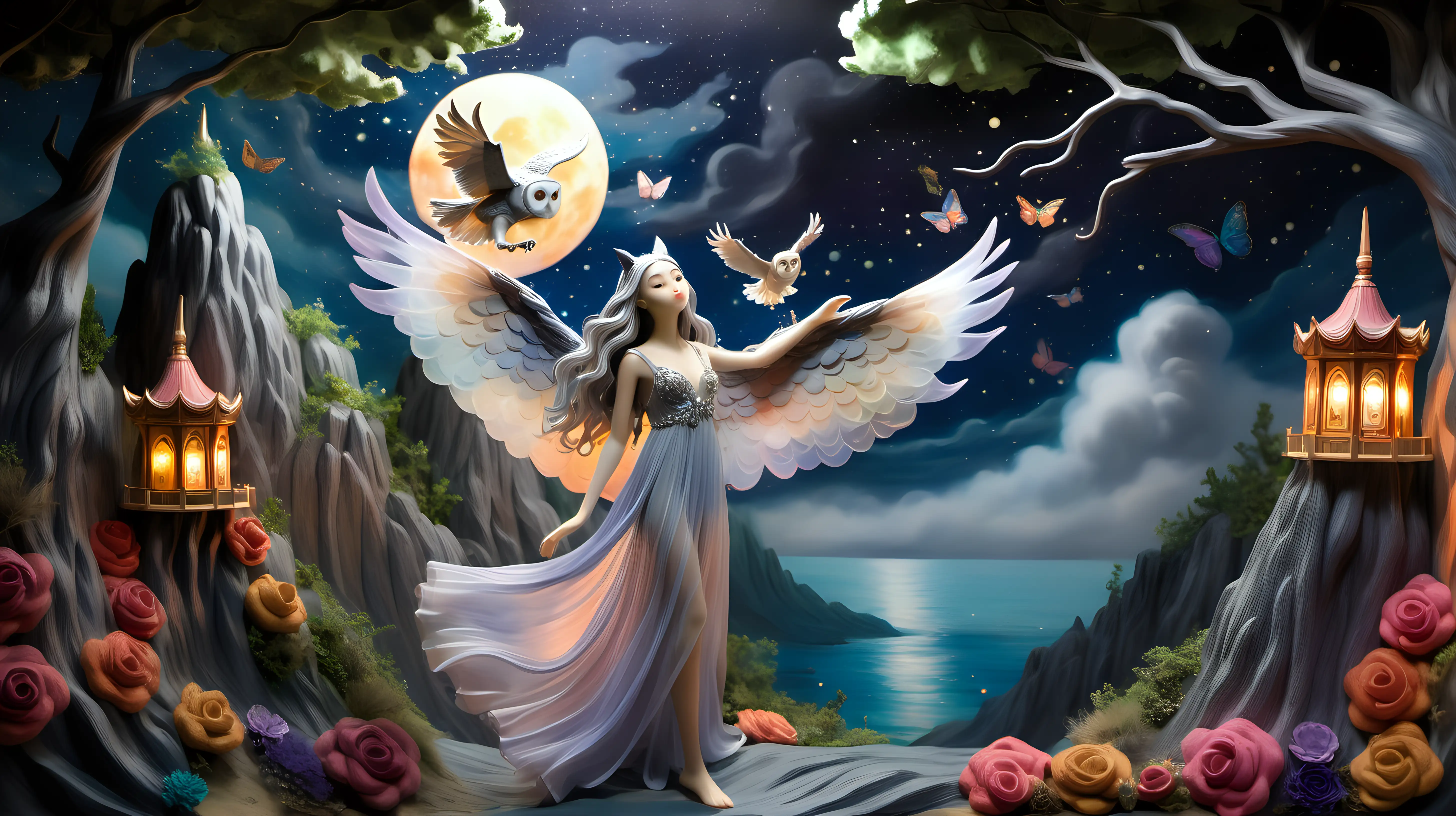 DIORAMA, ghibli inspired painting  of beautiful enchanting slender, long silver wavy hair, sheer flowy dress, 18 YEAR OLD girl who shape-shifts into an owl, ethereal owl princess, playing with a big colorful owl in an enchanted forest skyline, flowers, fireflies and moonlight, sea of clouds, mountain, temple, colorful, cliff