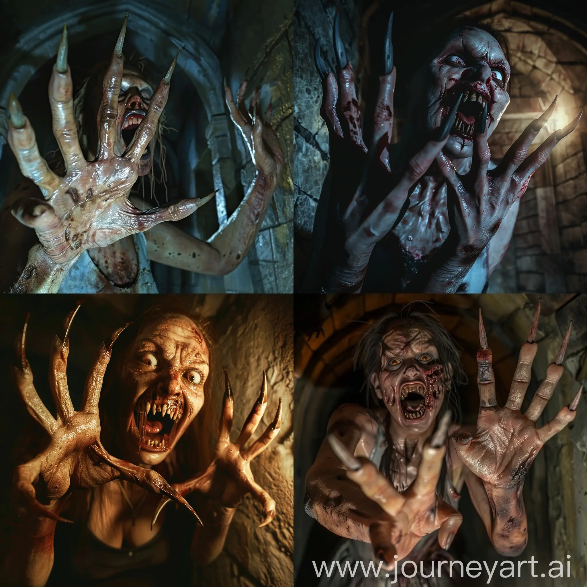 A horrifying nightmare scene of aggressive a  rotten zombie woman with long pointed nails like-claws on her five-fingered hands, her mouth is open with pointed teeth, she attacks you, scene inside old crypt, hyper-realism, cinematic, high detail, photo detailing, high quality, photorealistic, terrifying, aggressive, sharp teeth-fangs, dark atmosphere, realistic detailed, detailed nails, horror, atmospheric lighting, full anatomical, human hands, very clear without flaws with five fingers