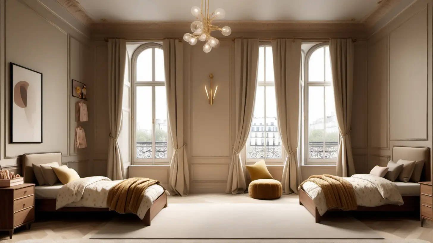 hyperrealistic modern Parisian grand organic childrens bedroom with walnut wood cabinets, beige limewash walls, brass lighting, large window, 