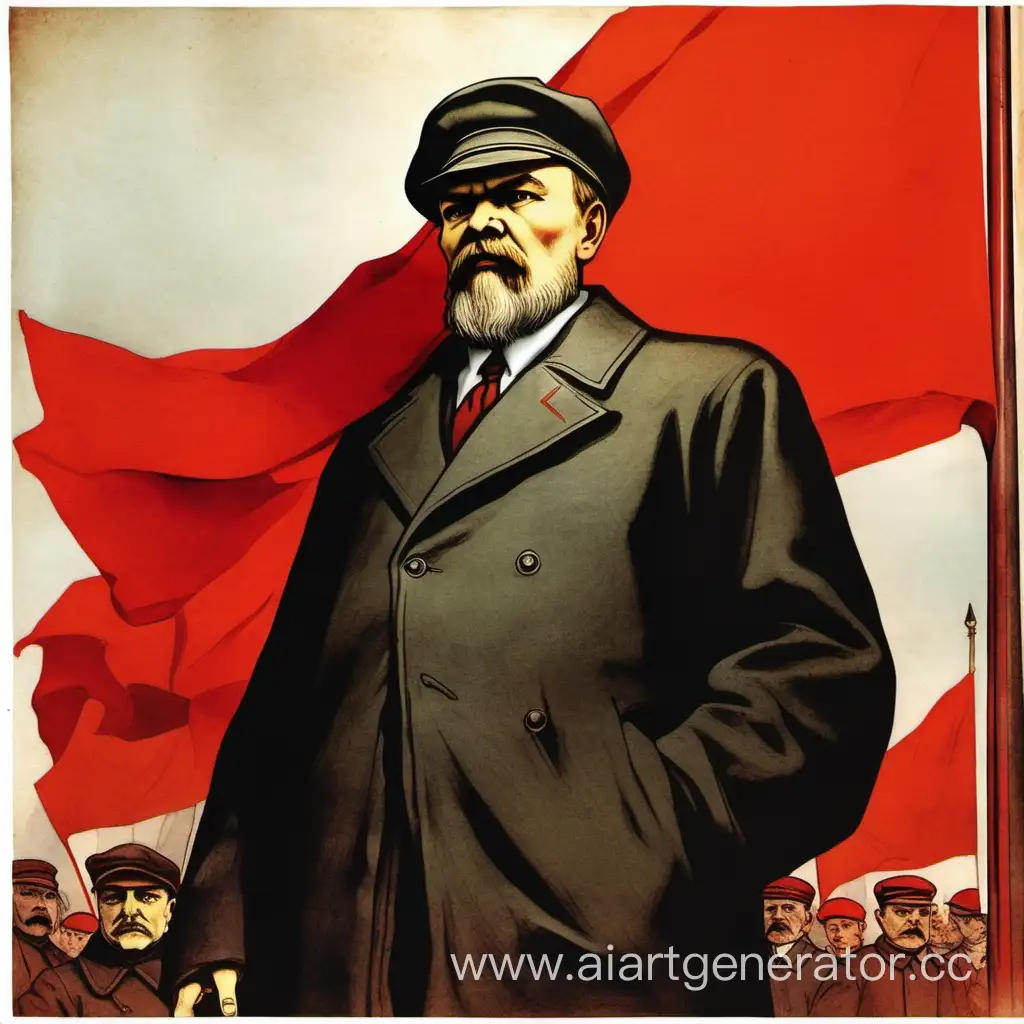  Ленин в кепке на фоне красного флага
