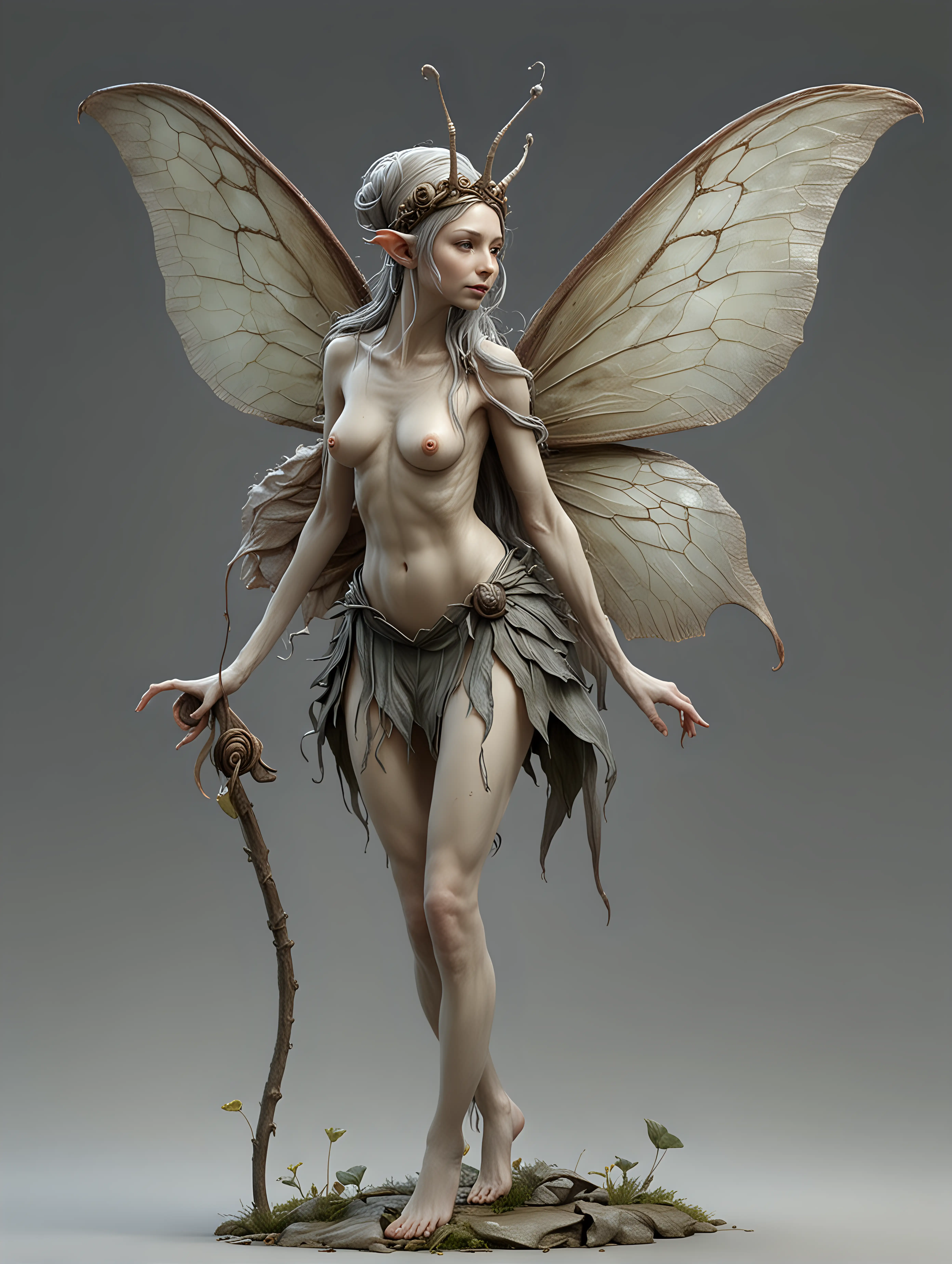 A fictional creature.
Solitary. A

fairy
in the style of Brian Froud

with the features of a

snail
.
Full length view.
Highly detailed, 4k, hyper-realistic.
Isolated on a neutral gray background.
