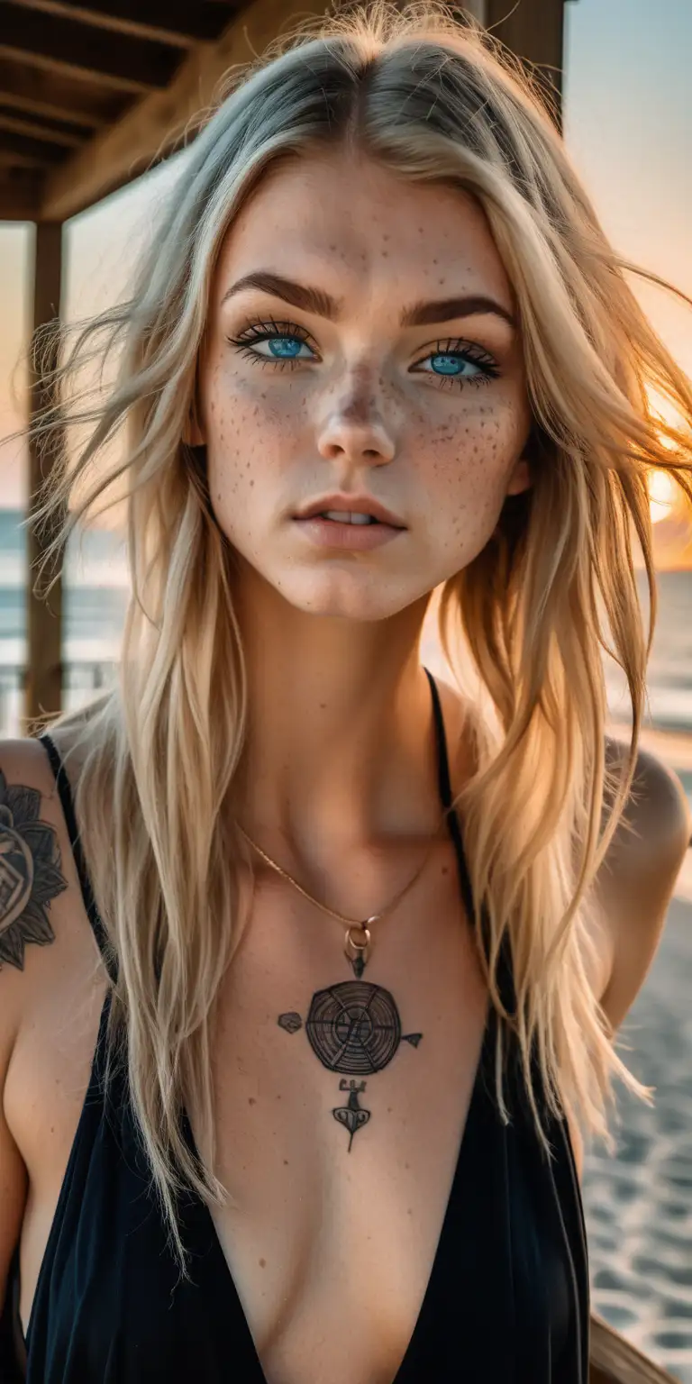 gorgeous fit model posing on porch of beach house some freckles on her angular germanic face chin length blonde hair with black highlights some tattoos tight black dress sunset blue eyes eye contact close up view from above