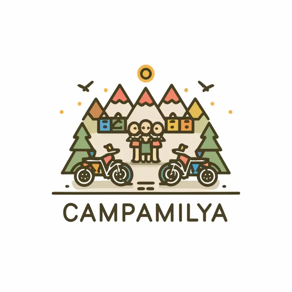 a logo design,with the text "CAMPAMILYA", main symbol:MOTORCYCLES AND TENTS AND FAMILY AND DOGS,Moderate,be used in Travel industry,clear background