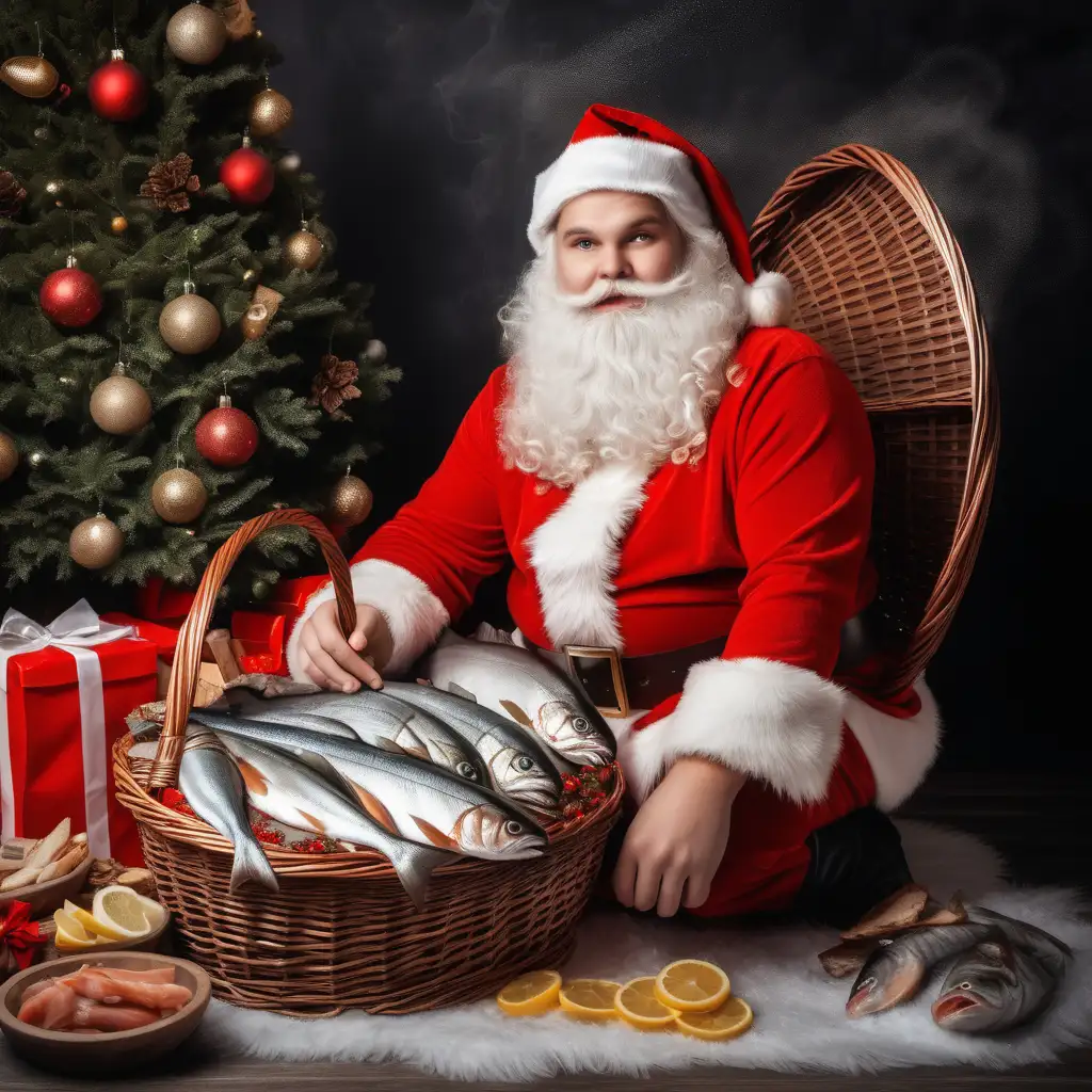 Professional Santa Claus with Festive Basket of Smoked Fish Under Christmas Tree