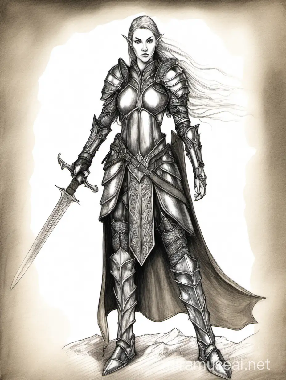 Рисунок карандашом эльфийка воин в кожаной броне в руке у неё один меч