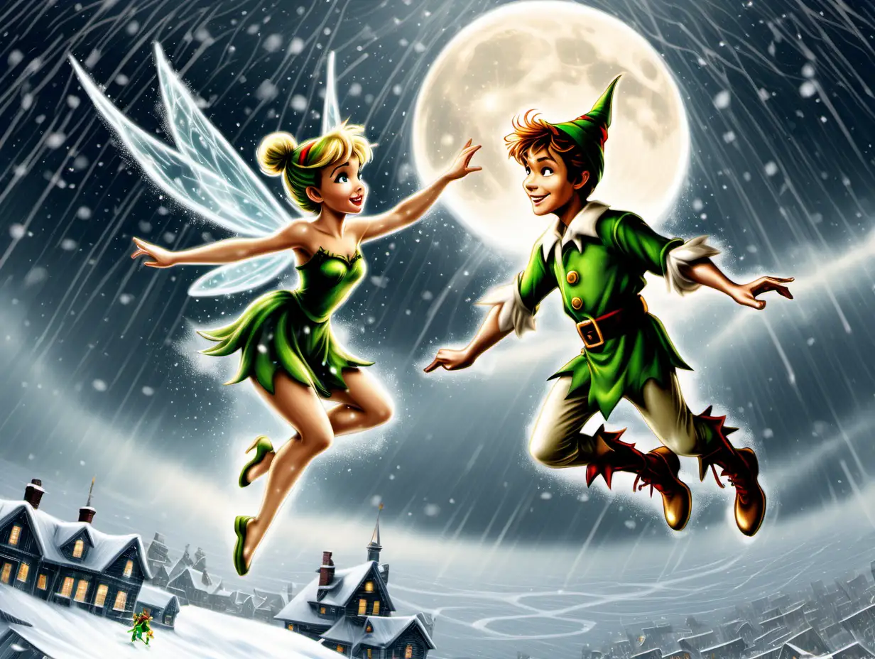 Peter Pan and Tinkerbell flying over the North Pole in a snow storm