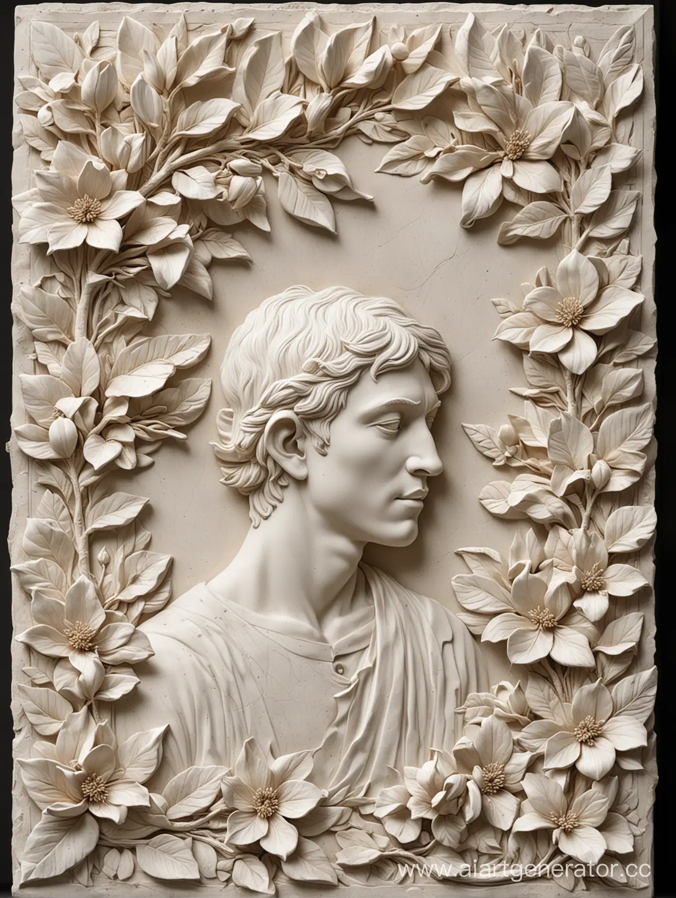 white basrelief sculpture  of stoned magnolia flowers and young man