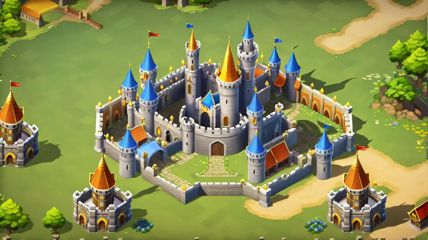 An interactive map in the mobile game " gives me" of an elaborate castle with blue and gold spires, surrounded by lush green grass. The city is surrounded by walls made from red bricks. There's also another building on one side that has golden turrets and is painted white. In front of it stands two statues depicting knights wearing armor and holding swords. A yellow squareshaped icon next to each tower shows its name, which forms part of their title for getting attention. under construction in this style of play, this screenshot captures a screenshot of game screen. The overall theme of the town includes castles, palaces, or cities,