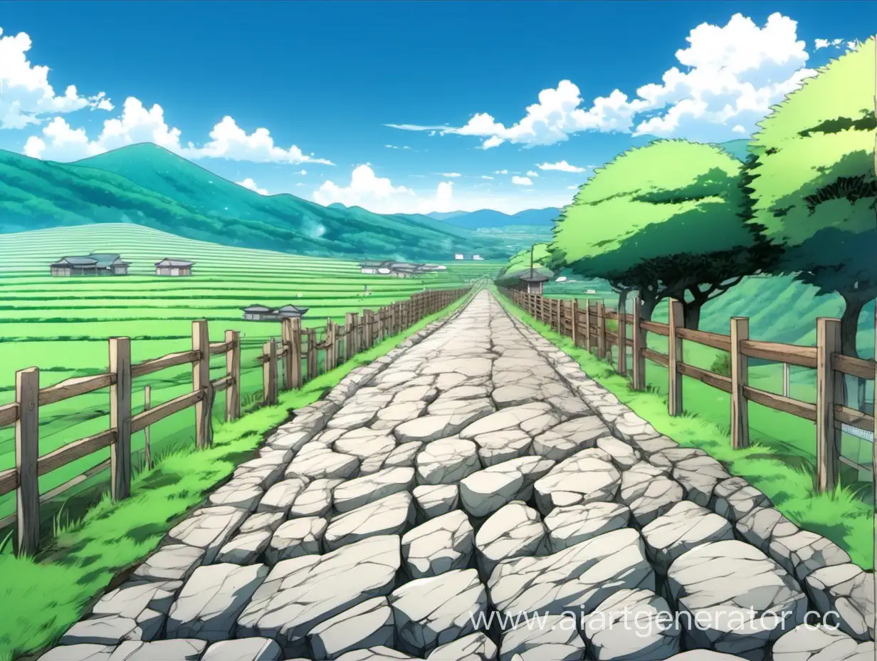 Serene-Anime-Landscape-Tranquil-Stone-Road-Amidst-Japanese-Farmland-and-Hills-under-a-Clear-Blue-Sky