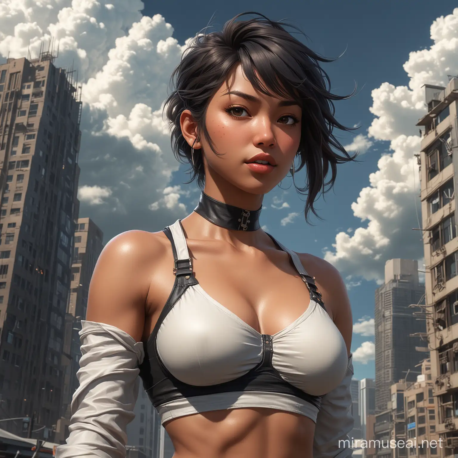 Elektra,The image shows a person wearing a garment. It is a piece of CG artwork depicting a fictional character from an anime or manga series. The character is illustrated in a cartoon style and could be a hero or protagonist in the story.Astropunk,The image depicts a few tall buildings against a backdrop of the sky and clouds in an urban setting.Black woman beautiful face is shown.  The woman's body parts such as chest, thigh, stomach, and abdomen are visible.painterly smooth, extremely sharp detail, finely tuned detail, 8 k, ultra sharp focus, illustration, illustration, art by Ayami Kojima Beautiful Thick Black