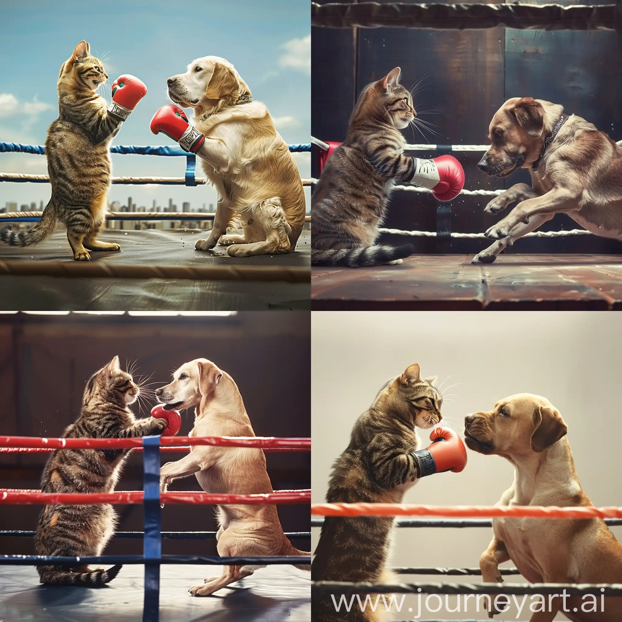 a cat fighting in a boxing ring against a dog
