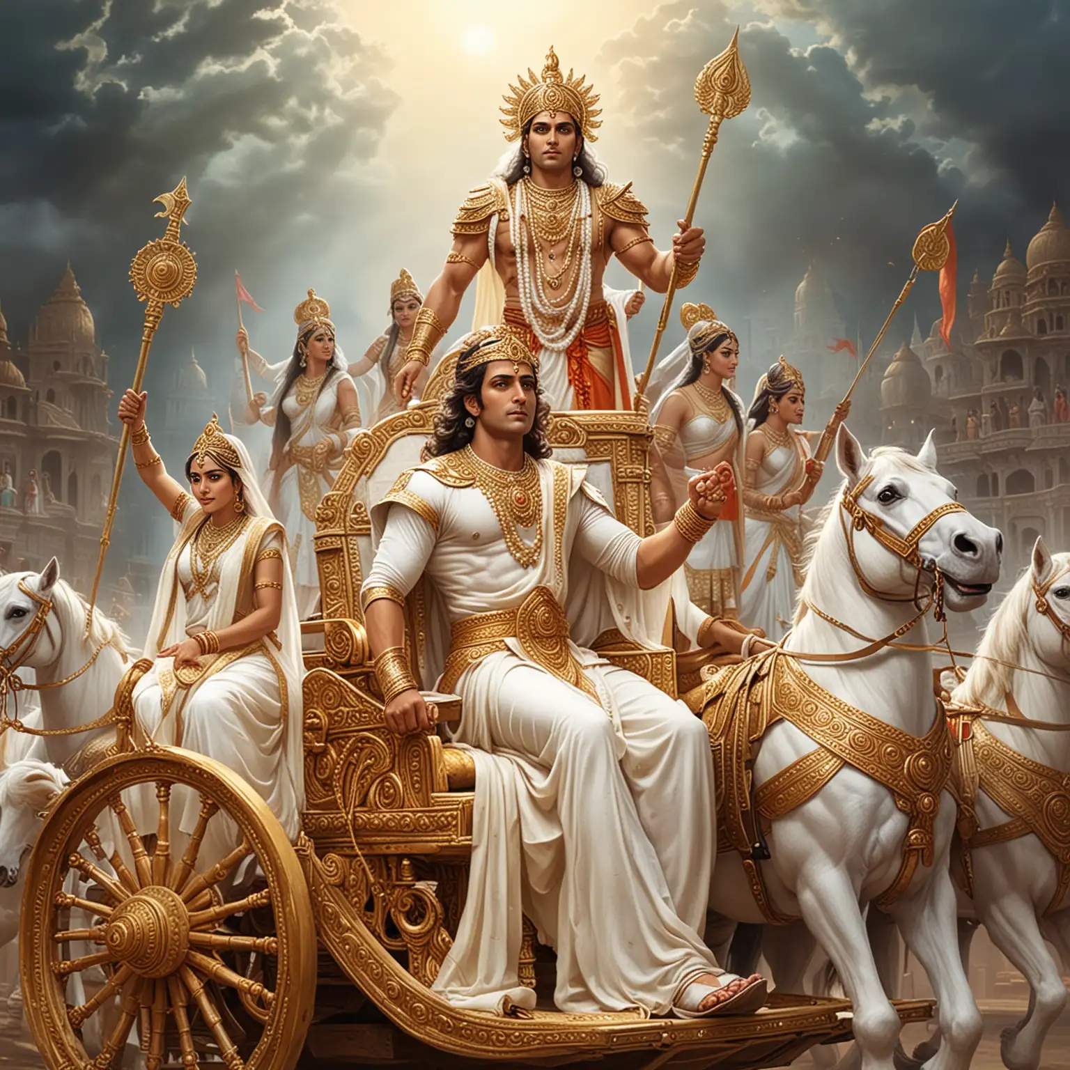 generate mahabharat character bhisma male dressed in white sitting on a chariot with 3 princess
