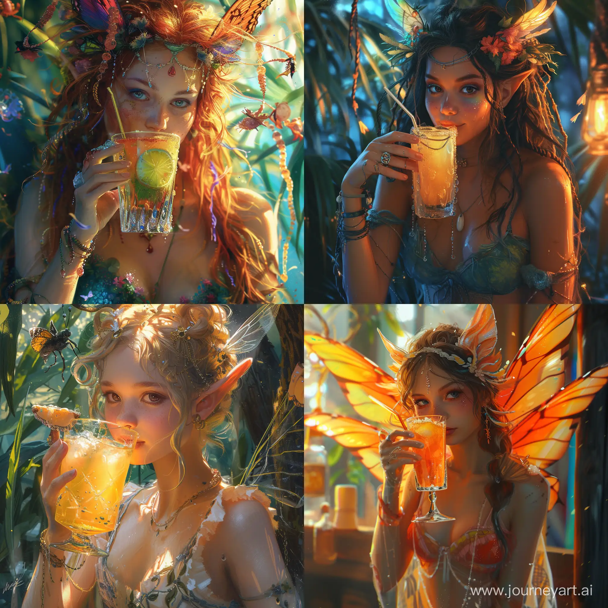 beautiful fairy girl drinking cocktail, Malcom Fish Ghibli , trending on artstation, 8k, matte painting, high detail. v 6
