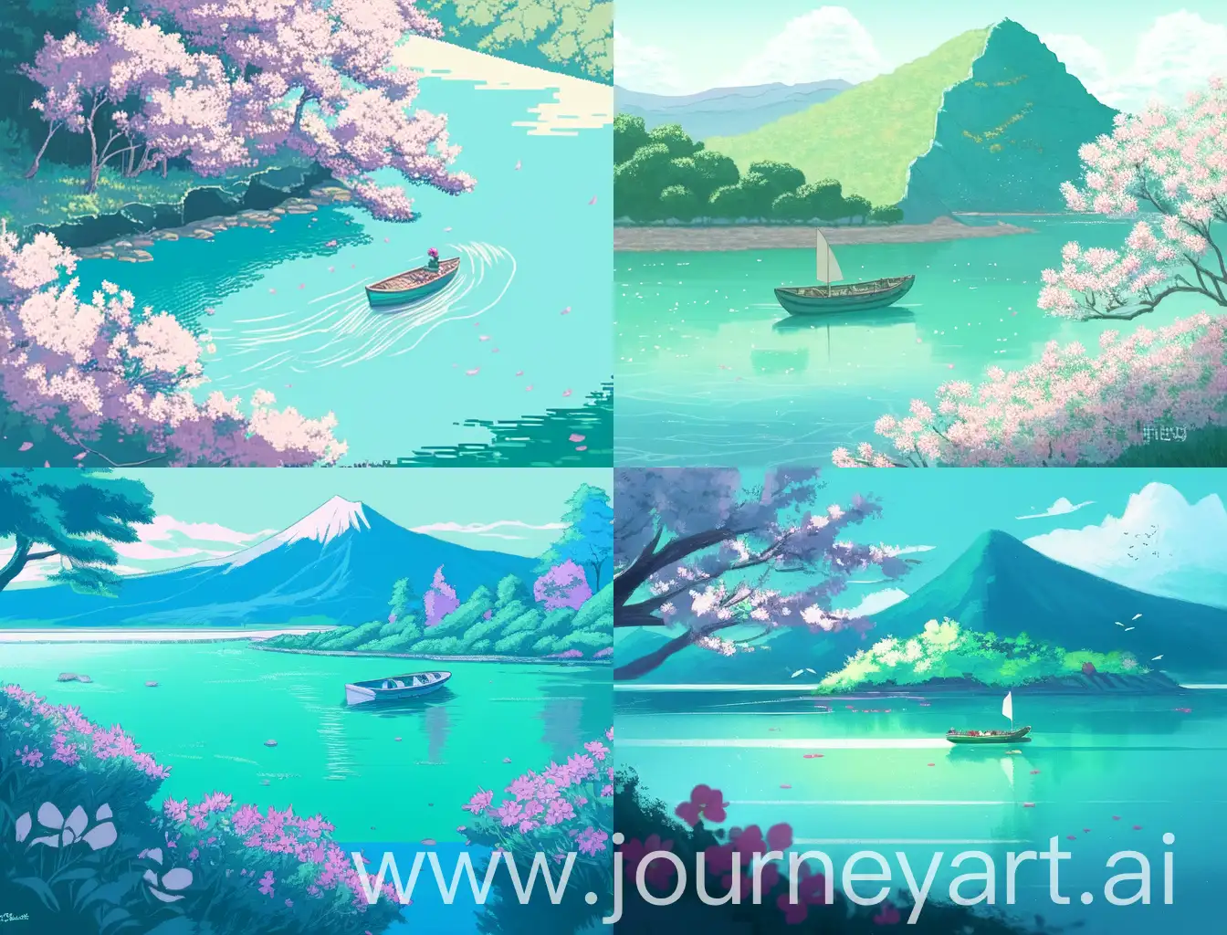 插画风格，远处的山，近处的水，岸边的花和树，水面的小船，画面和谐，整体色调一致，青绿色