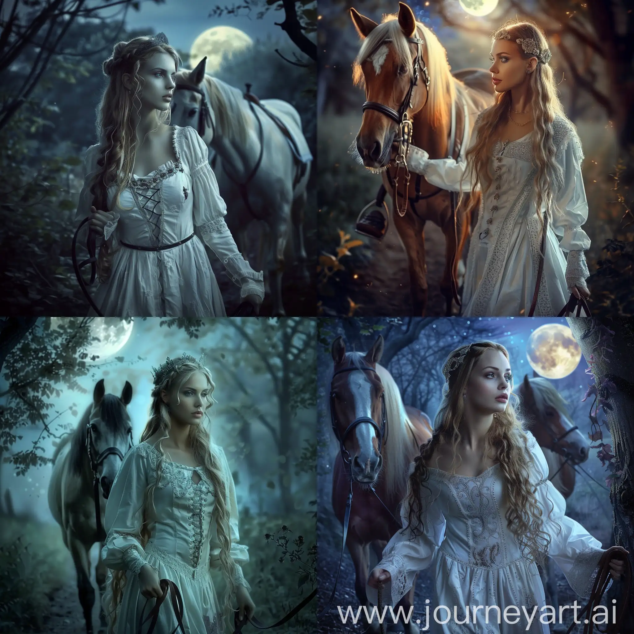 Enchanting-Medieval-Woman-Leading-Horse-in-Moonlit-Forest