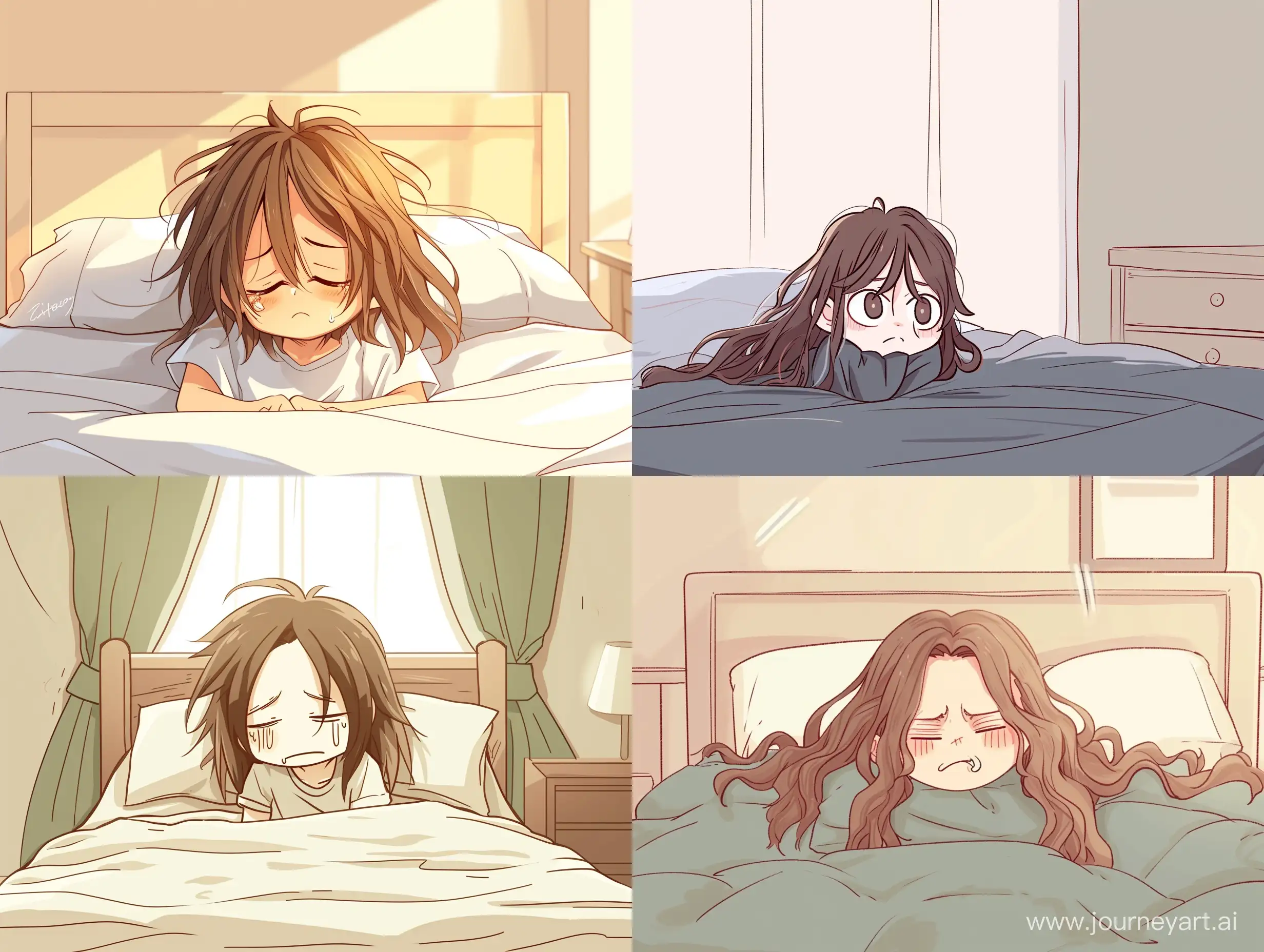 an anime scene, a boy with long hair wake up on his bed with terrible mood, sleepy face, chibi style, best quality, simple room --ar 4:3 --v 6