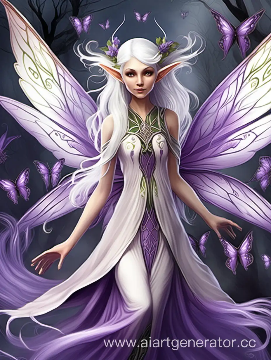 Фея с эльфийскими длинными ушами, узорчатыми крыльями, белыми волосами и бело-фиолетовой одеждой. Летит