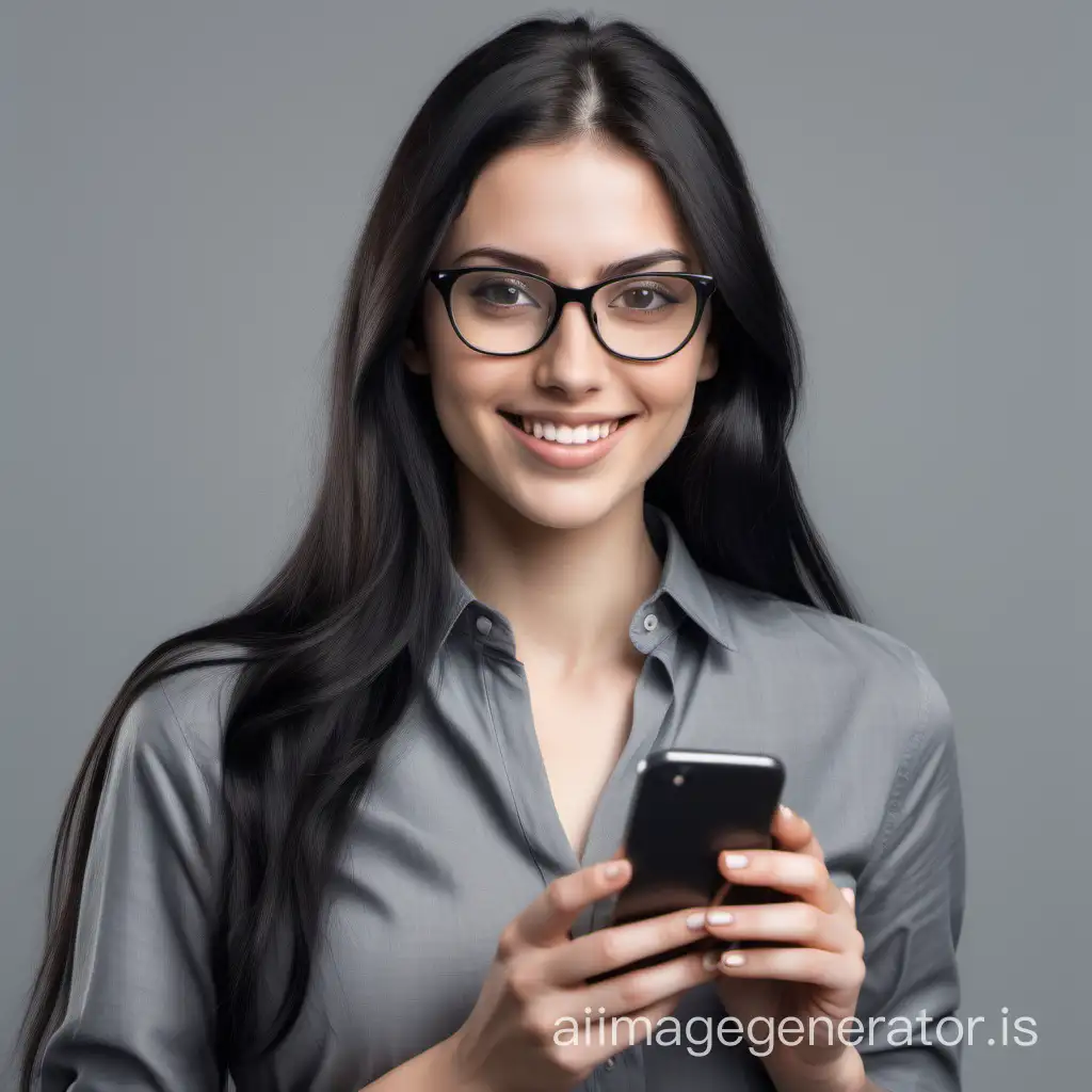 ultrarealistic photo of a brunette business young 25 woman with long black hair and glasses with a mobile in hand looking for camera, using a V grey shirt by side looking for camera in half body with smile and confident