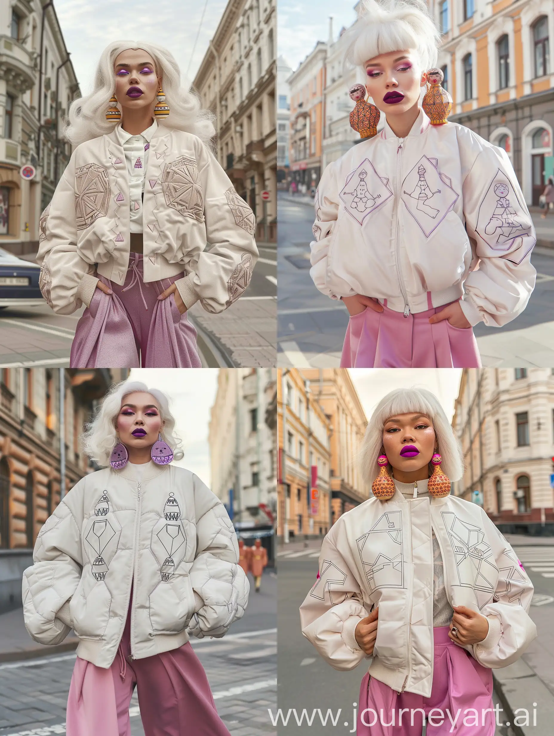 WhiteHaired-Woman-with-Mat-Purple-Lips-Strolling-Moscow-in-3D-Octagonal-Jacket-and-Pink-Trousers