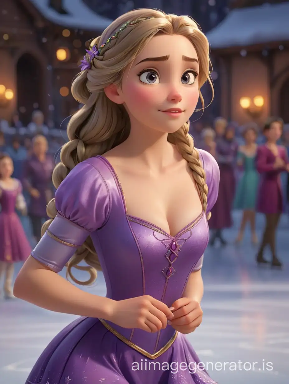 Disney animation style, from head to shoes picture, Rapunzel, perfect face, dress: short purple shiny spandex , white figure skating shoes, on an ice skating rink with many spectators, hair braid, brown eyes, 8k, detailed, sharp face, 