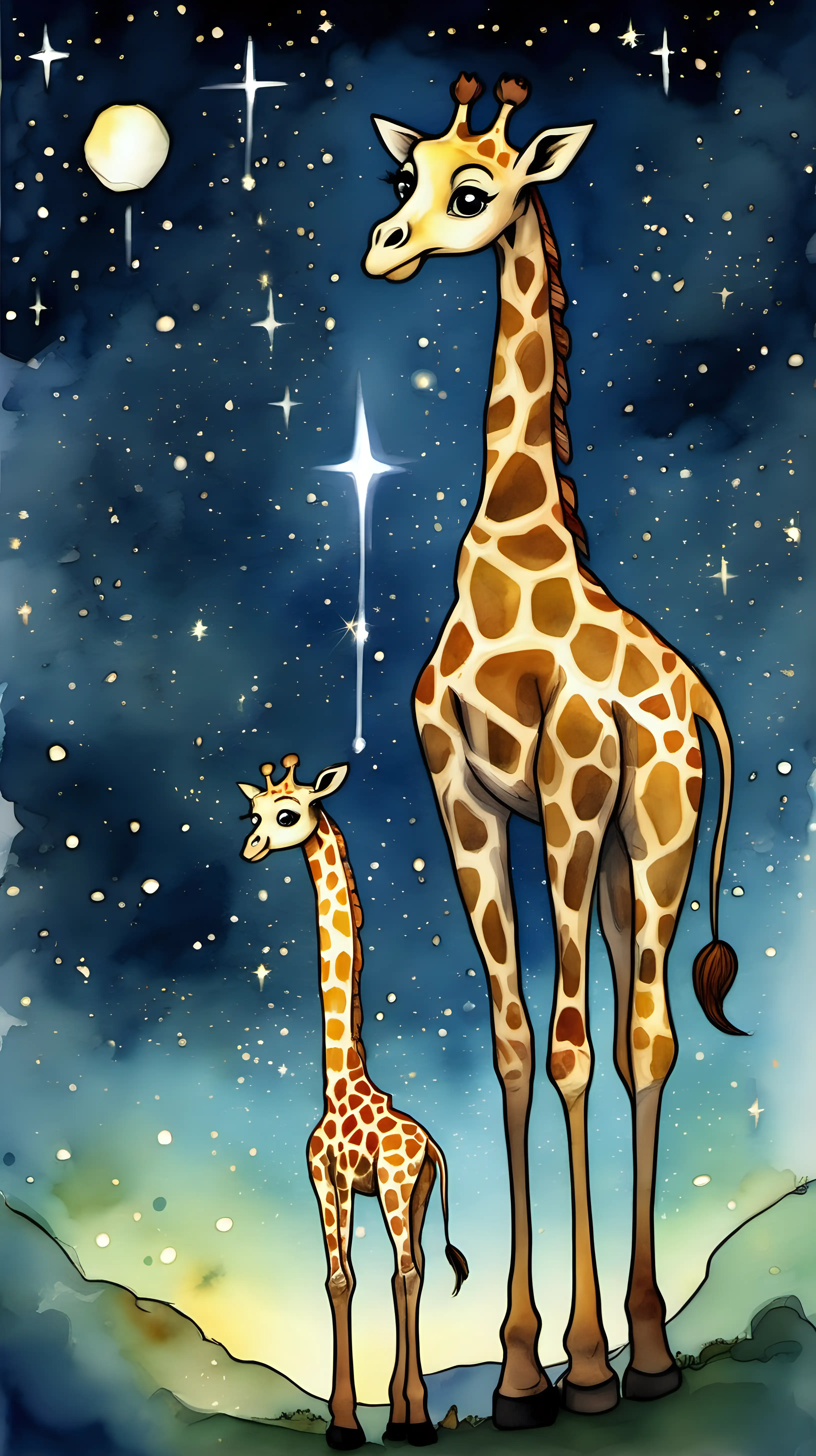 Giraffe Stella Guides a Lost Star in Watercolor Night Sky Scene