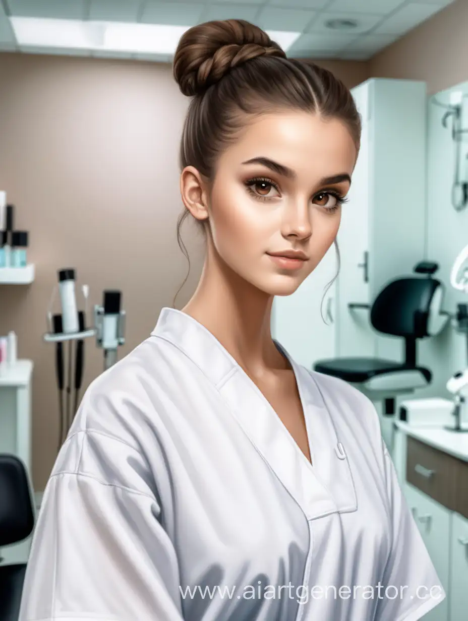 Стройная красивая девушка в медицинском халате, с коричневыми волосами в пучке, карими глазами, на фоне косметологического кабинета