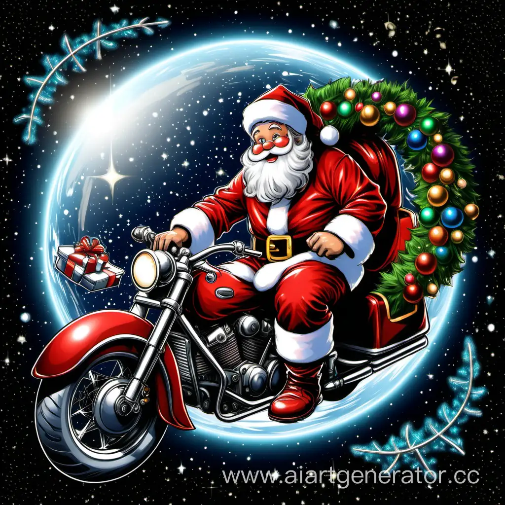 Santa-Claus-Riding-a-GarlandAdorned-Motorcycle-in-Space