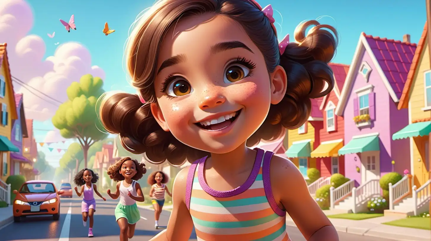 A sunny day in Harmony Hills, with colorful houses and smiling faces. Lily, a cheerful interracial girl with a spark of kindness in her eyes, waves to her neighbors as she skips down the street.