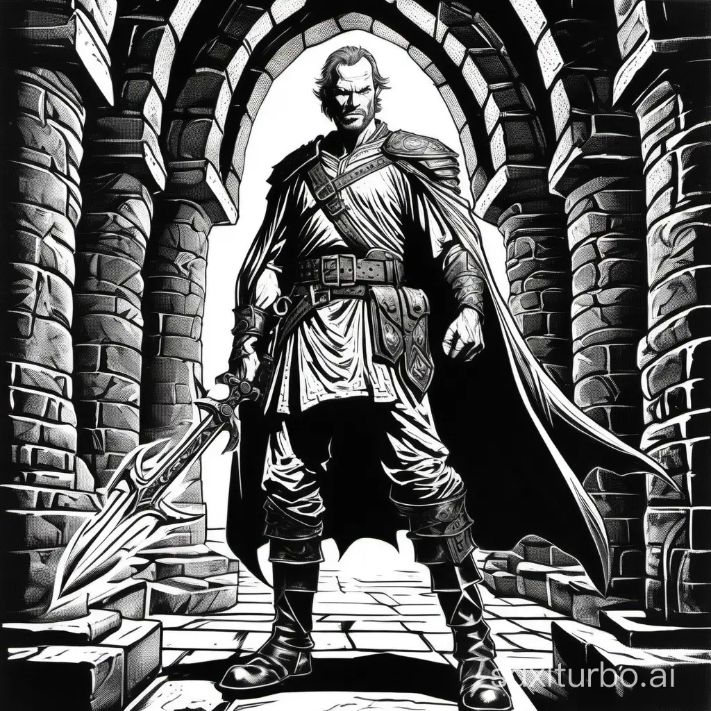 block print, Jorah the tough middle-age fantasy mercenary captain, using the very simplistic style of 1982 Dungeons and Dragons, black and white ink, thick lines, visible cross-hatch, lowres, very low detail, abstract, white background, style of Ravenloft, dark fantasy, by Jeff Easley, 