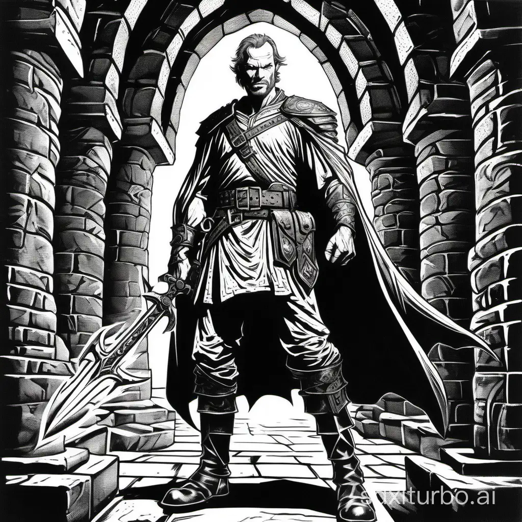 block print, Jorah the tough middle-age fantasy mercenary captain, using the very simplistic style of 1982 Dungeons and Dragons, black and white ink, thick lines, visible cross-hatch, lowres, very low detail, abstract, white background, style of Ravenloft, dark fantasy, by Jeff Easley,