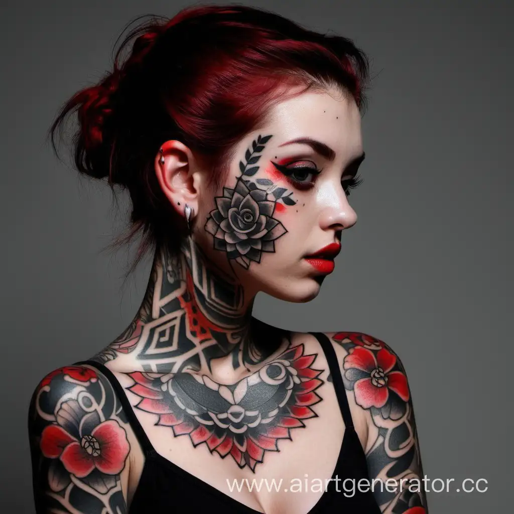девушка с красивыми татуировками черно-красная палитра

