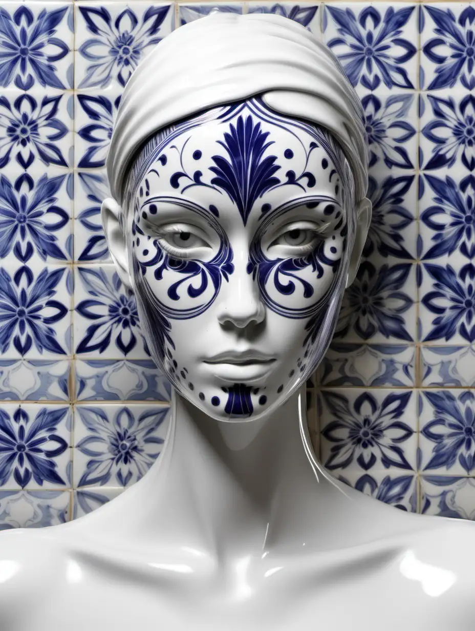 model whose face is made of Portuguese ceramic tile