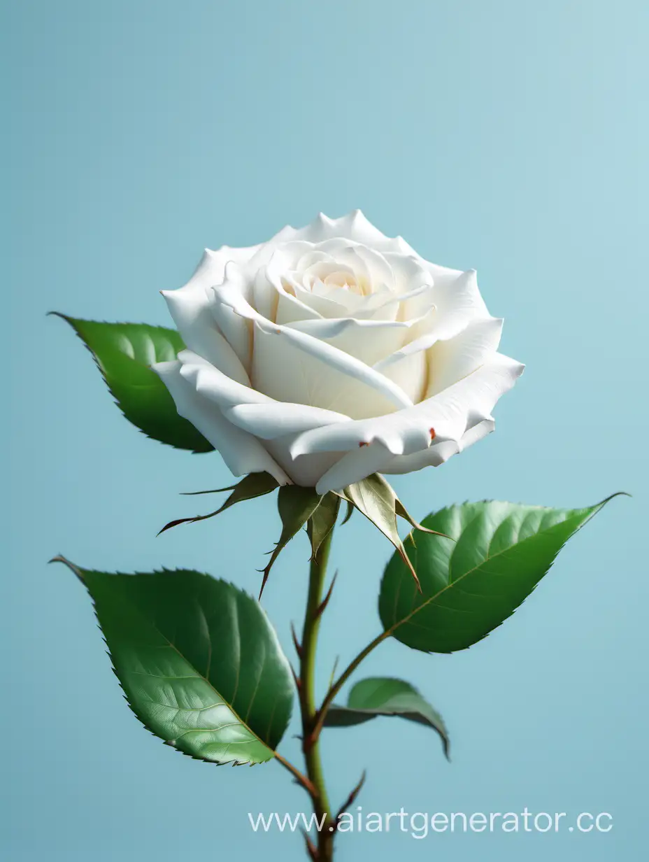 white Rose 4k hd with fresh lush green leaves on pure light blue background
