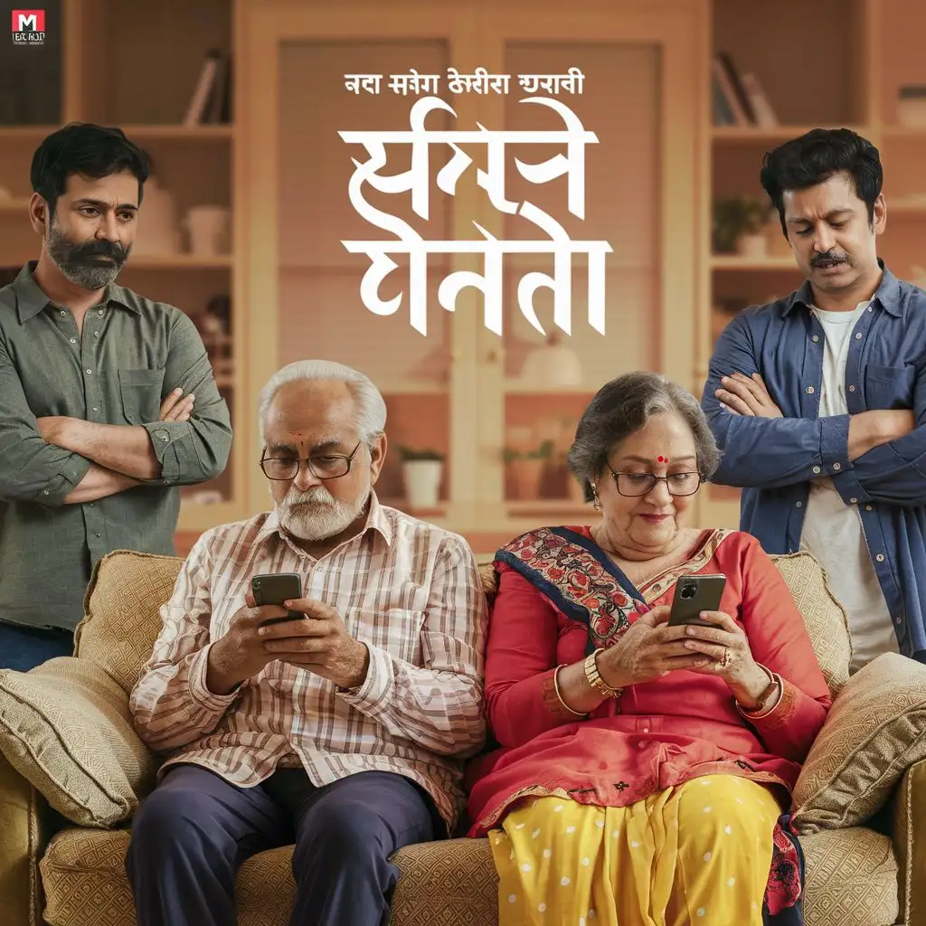 A movie poster of an old marathi husband and wife sitting on a sofa in the living room looking into the smartphones, and a adult son looking disapprovingly at them with his hands crossed 