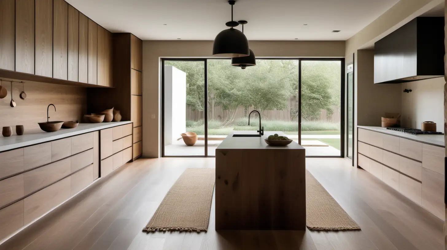 an organic minimalist modern japandi style estate home long kitchen with island, 
and pantry with built in cabinets and shelves; beige wool runner rug; walnut wood, oak flooring, Bauwerk Bone limewashed walls, a large window with linen curtains