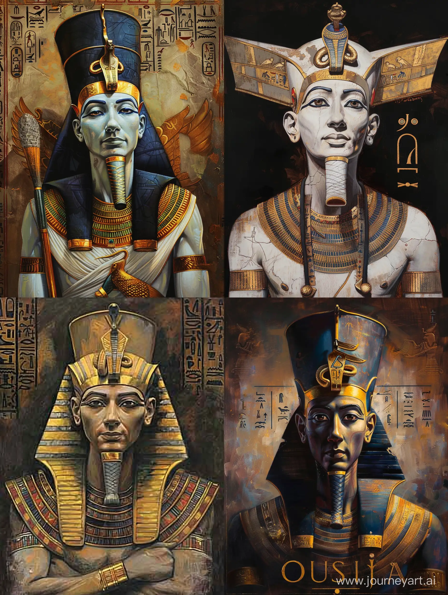 древнеегипетский бог Осирис, золотые украшения, портрет по пояс, масляная живопись, детальная проработка, стилизация, высокое качество, атмосферно
