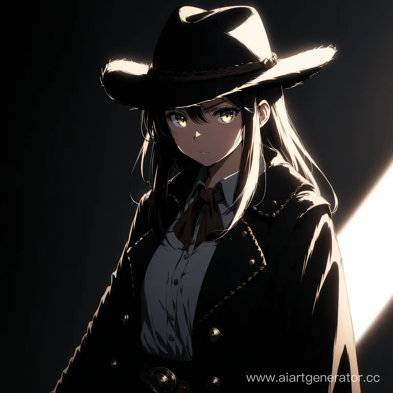 anime girl see in the frame, detail eyes, detail clothes, a cowboy hat There are a lot of weapons on his clothes, a black coat. detail light and shadows, western film style