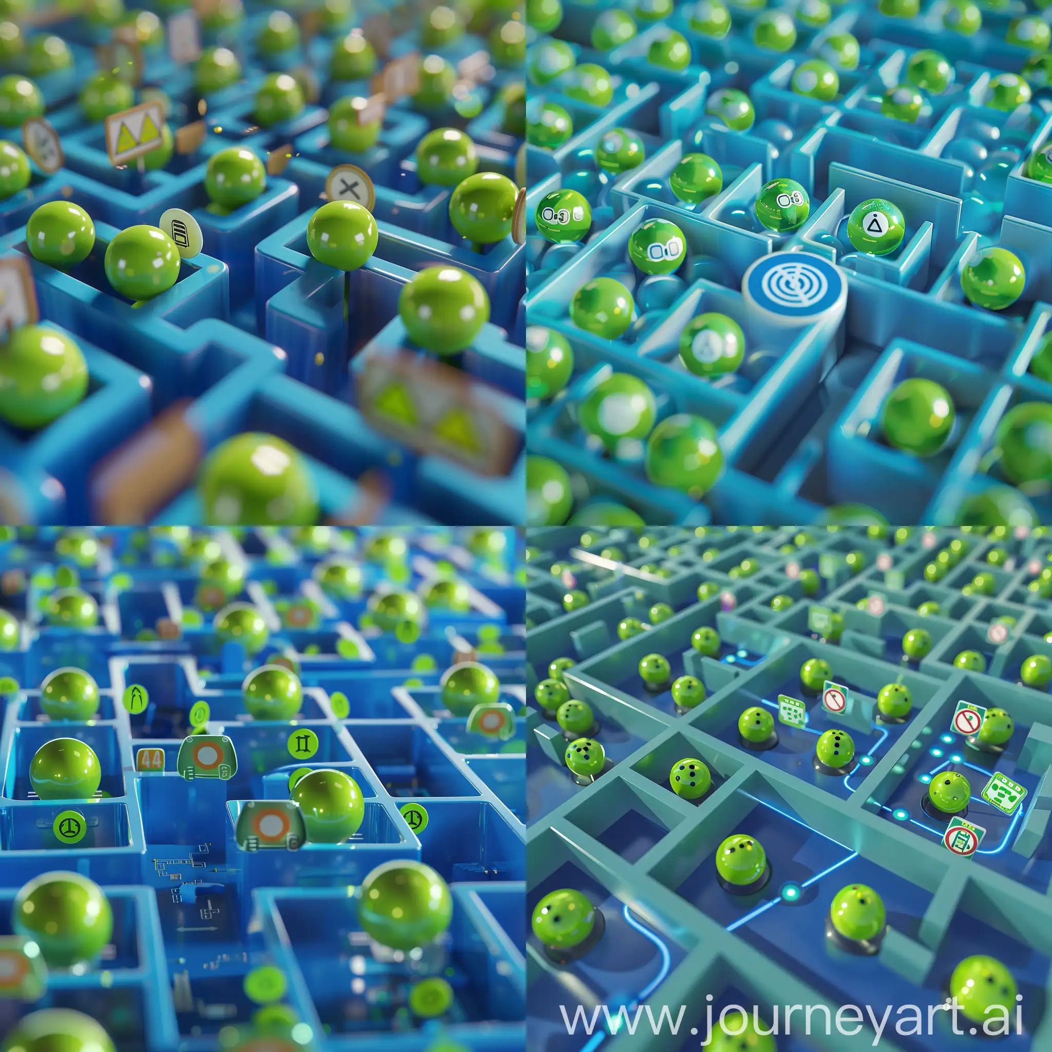 一个简洁的方格迷宫结构,
迷宫内有一条明确的蓝色通道路径,路径上有各种指示牌，沿着蓝色通道，有绿色的小球有序地前行。