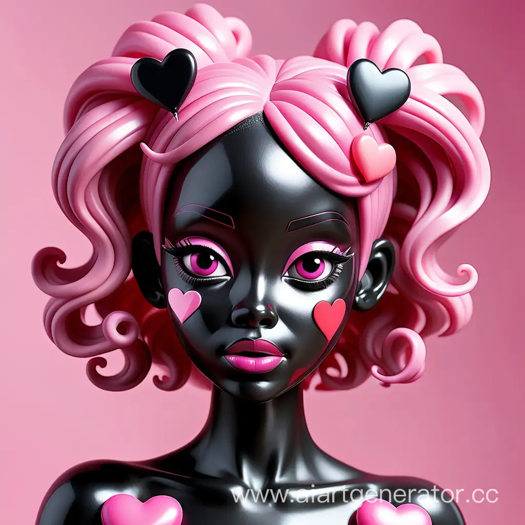 Плвстиковая Девушка с черной пластиковой кожей с розовыми пластиковыми волосам с сердечками на щеках