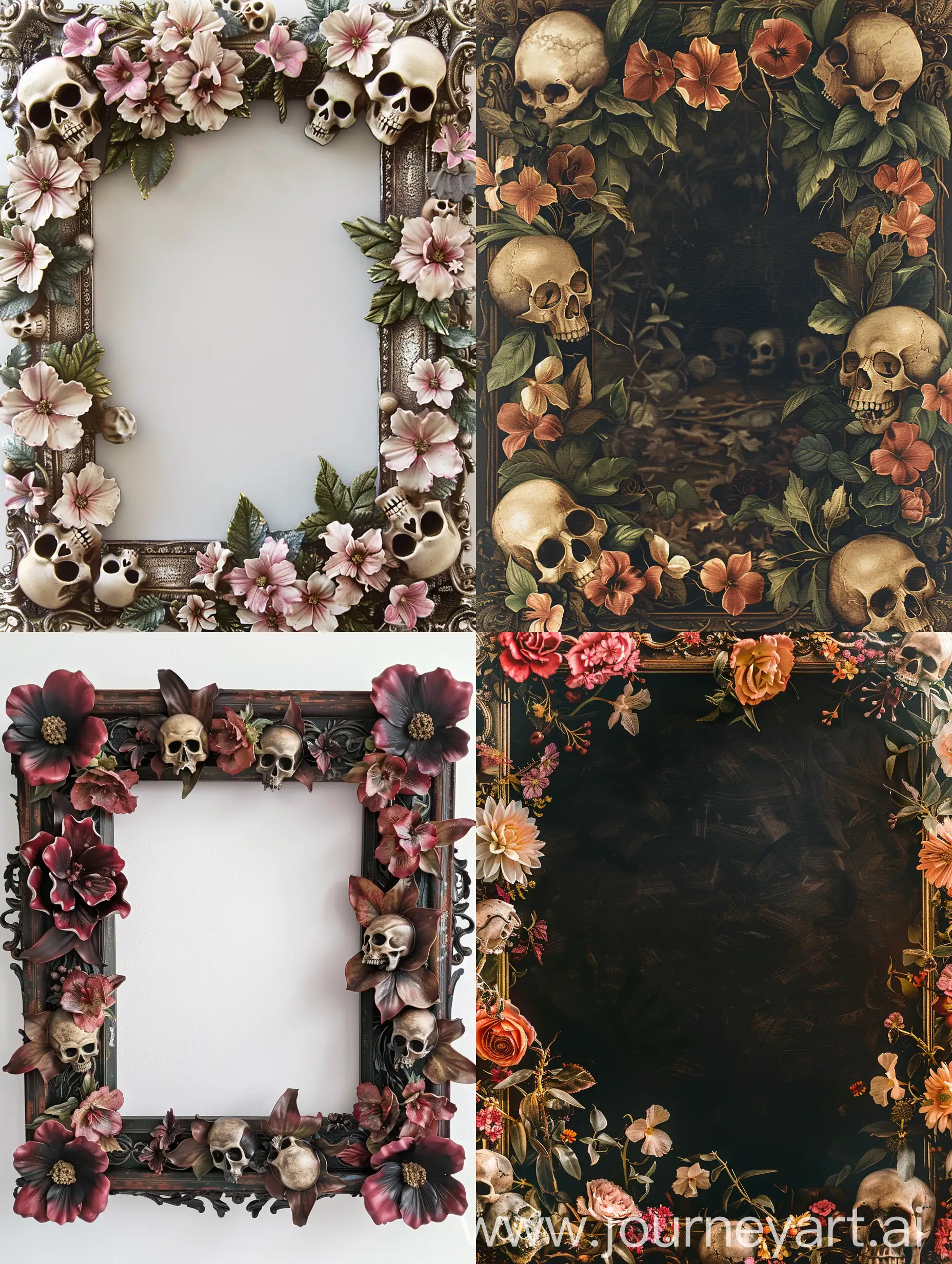 Scary canvas frame ornated with flowers and skulls 