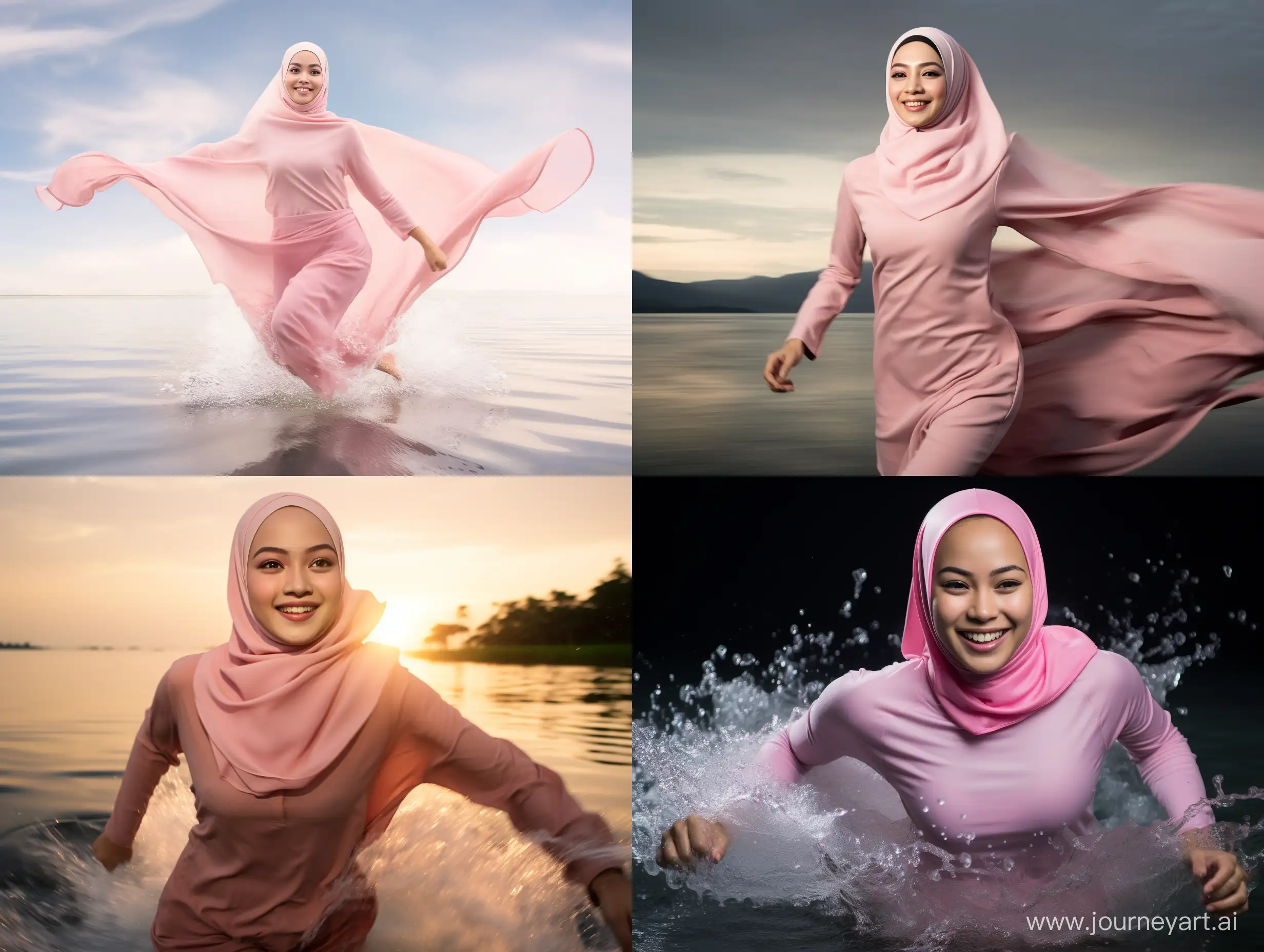 A full view of a young, beautiful, Indonesian Muslim woman, 23 years old, running with the speed of light over the water in a high-speed moment. She runs like the FLASH, her body emitting lightning and thunder. She smiles cheekily, looking good, her eyes fixed on the front. She has a perfect body, white skin, wearing a pink, futuristic suit up with LED lights and armor. She is in a modern city and lake setting, carrying a bag of plastic-packaged rice. The image is hyperrealistic, with a greenery morning background, perfect anatomy, 4K resolution, and dramatic lighting.