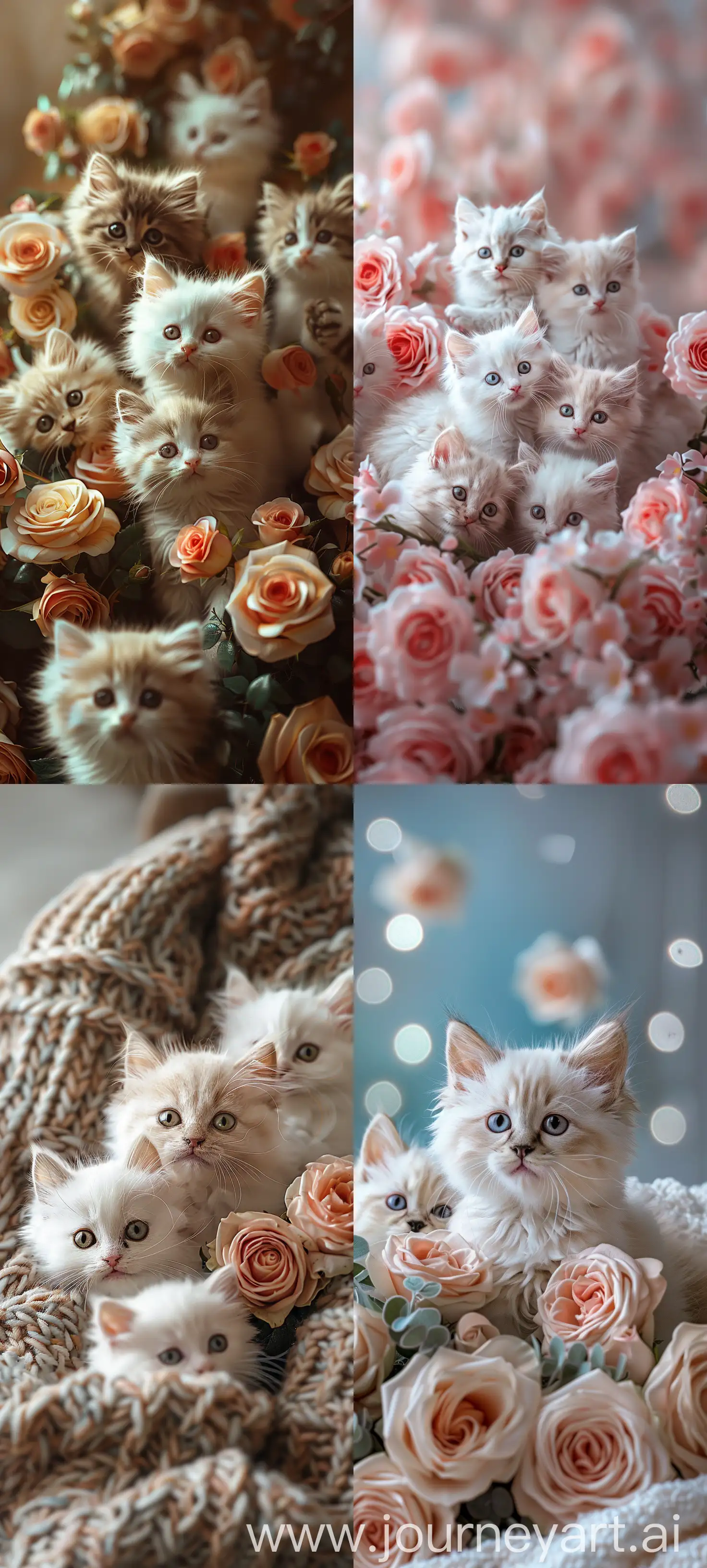 Gift bouquet of white kittens mixed with roses, bright spring background, smartphone wallpaper style, spring mood, festive atmosphere, hyperrealistic, 8k --s 500 --ar 9:20