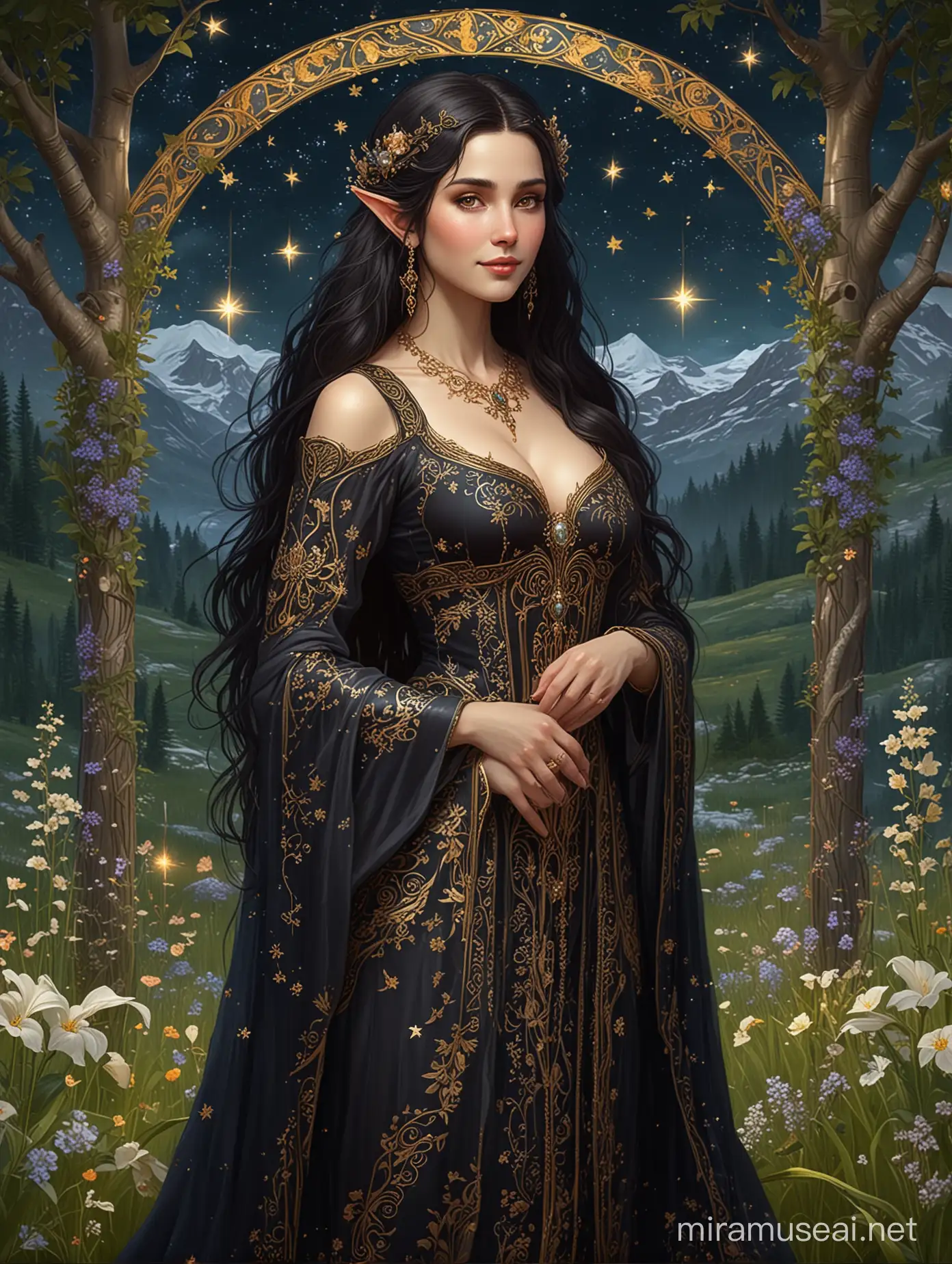 Enchanting Elf in Art Nouveau Meadow Nocturne