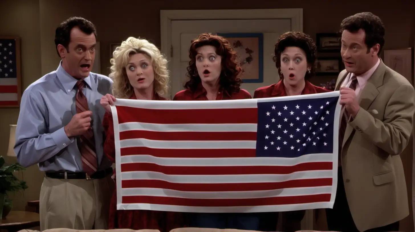 us sitcom with a small US flag on the background