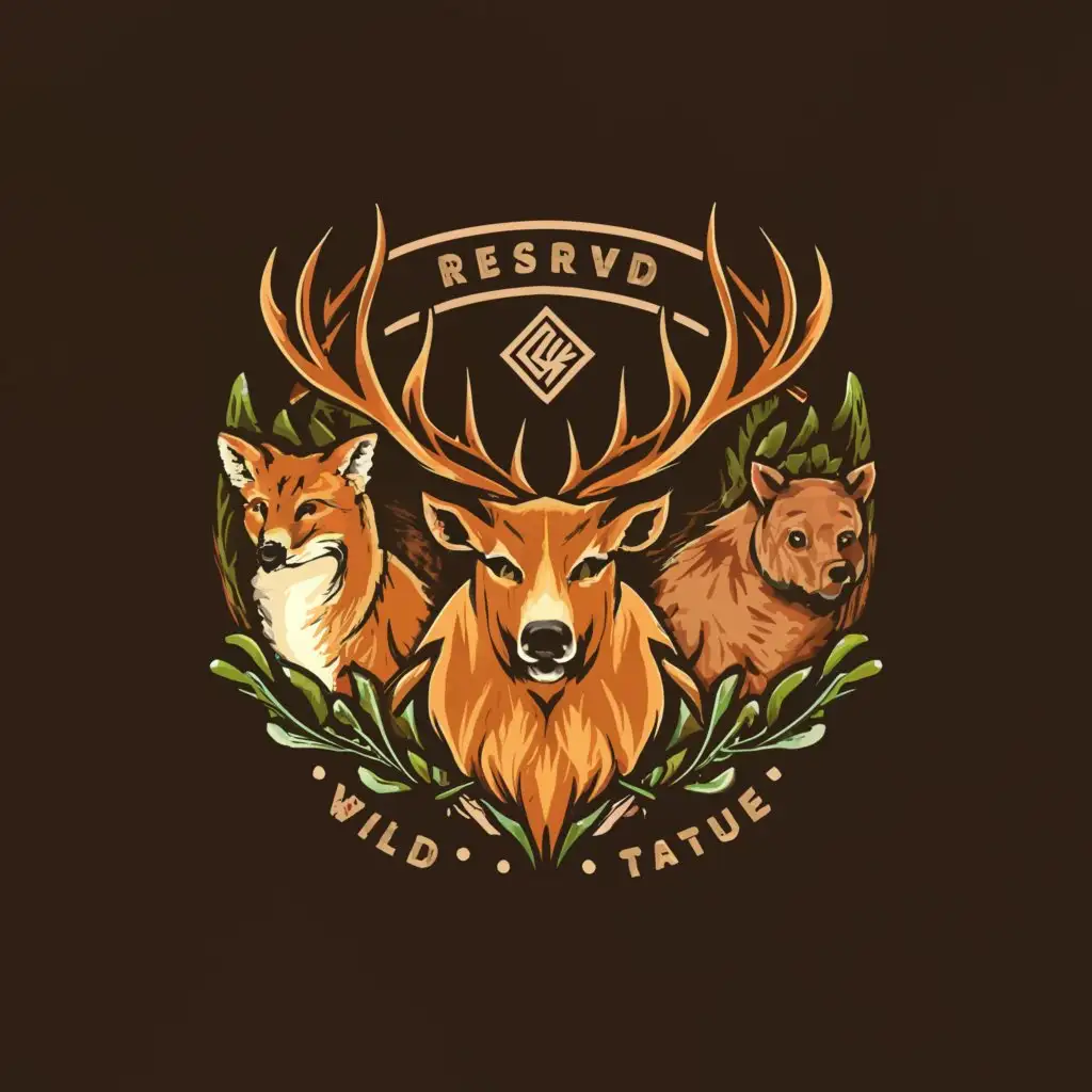 a logo design,with the text "Reserved world
wild nature
", main symbol:Deer with antlers
fiery fox
wild wolf
brown bear
,Умеренный,be used in Животные и домашние питомцы industry,clear background