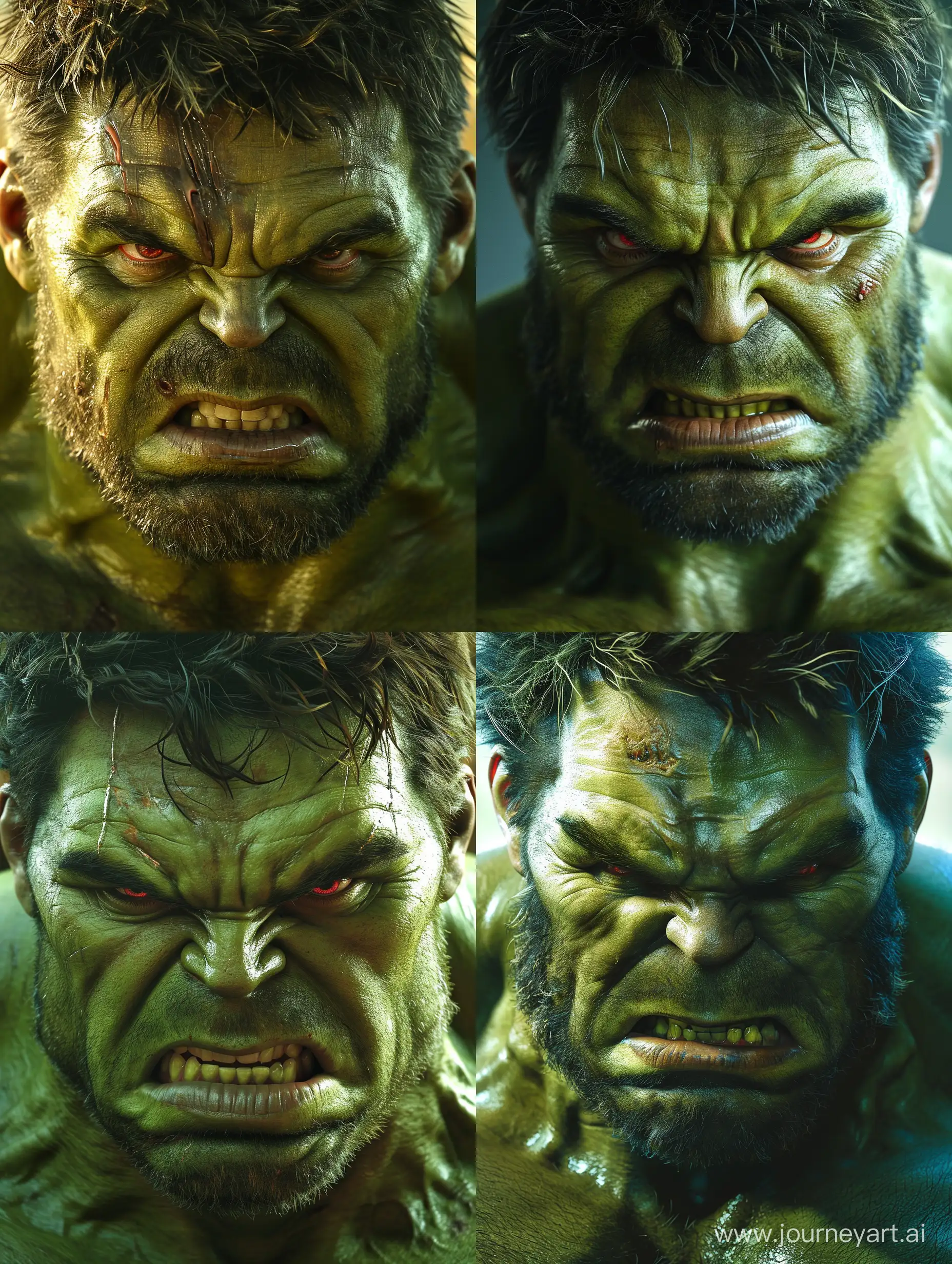 The Incredible Hulk, portrayed by Mark Ruffalo, looks angry and intense. He has a beard and his eyes are red. He has a few wrinkles around his eyes and mouth. His eyebrows are bushy and his forehead is covered in wrinkles. He has a few strands of hair on his forehead and a full head of hair on his head. He has large muscles and his skin is green.