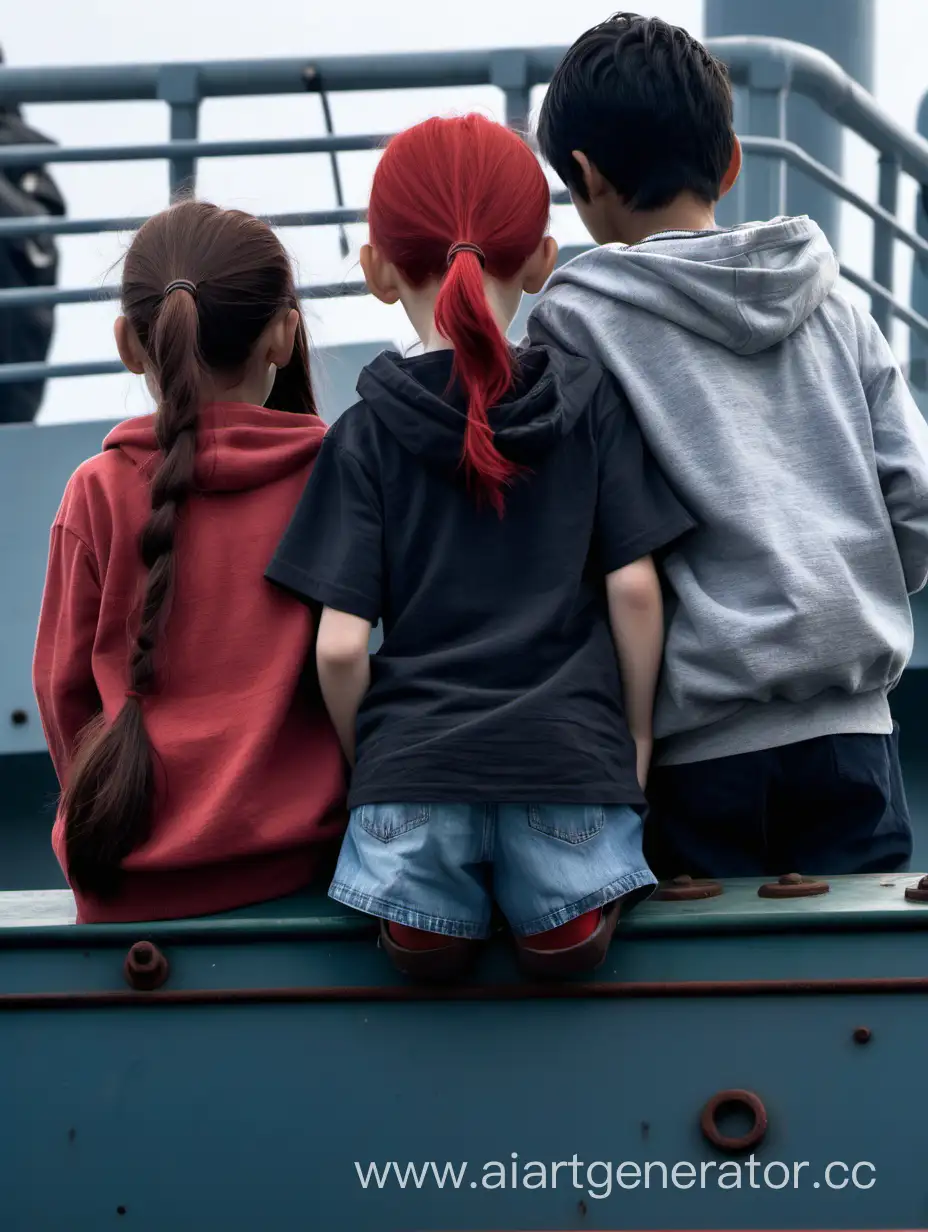 Две девятилетние сестры и пятнадцатилетний парень стоят на грузовом корабле к нам спиной, их лиц не видно, у одной девочки тёмно-каштановые волосы, у второй волосы ярко-рыжие, у парня черные волосы