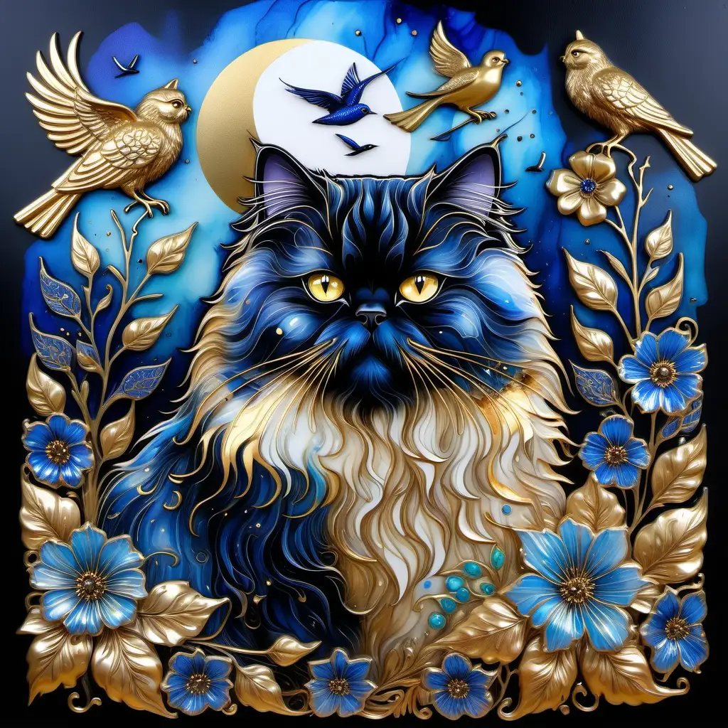 A highly detailed painting of a vivid persian cat, birds, flowers, alcohol ink, blue, gold, black, with a carved effect, hype realistic, sharp focus