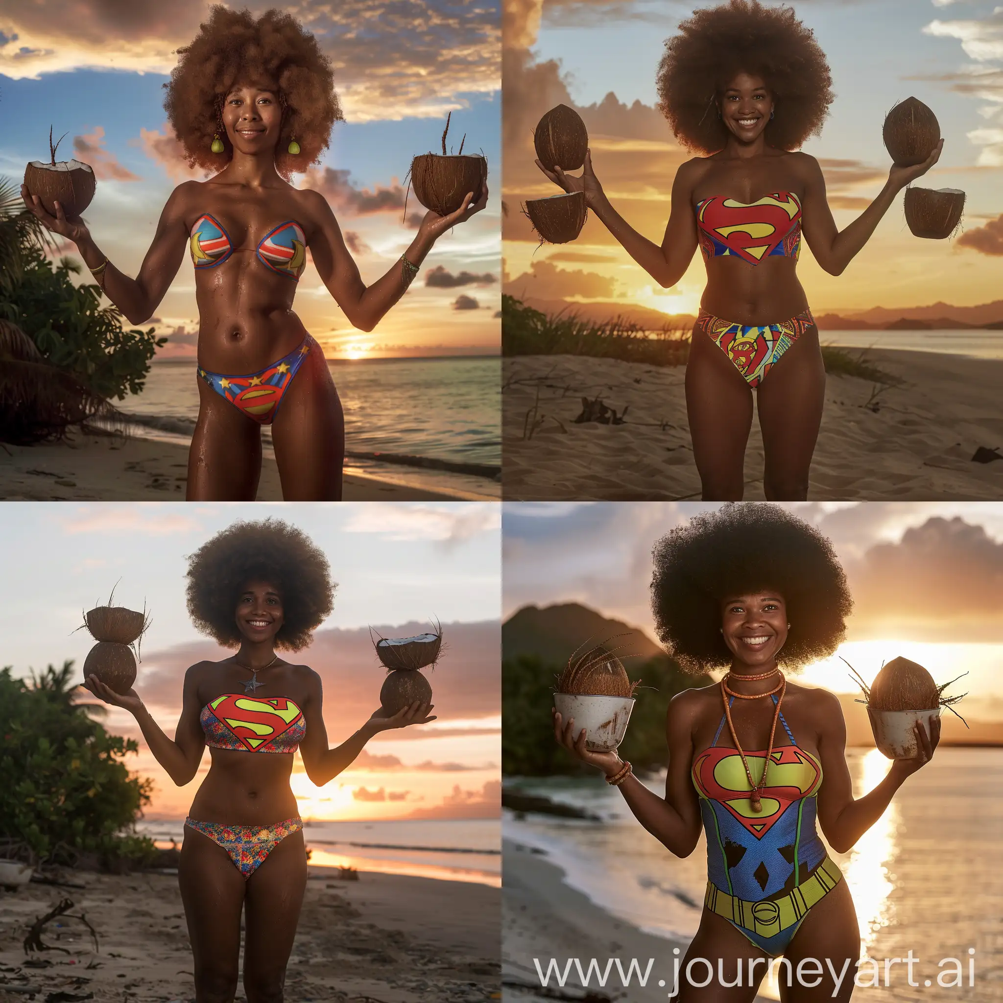 Create a realistic image of a very attractive and curvy Papua new Guinean woman with afro hair wearing a superman themed swim suit and holding two coconuts in each hand on a perfect afternoon sunset on Kranget island Madang Papua New Guinea
