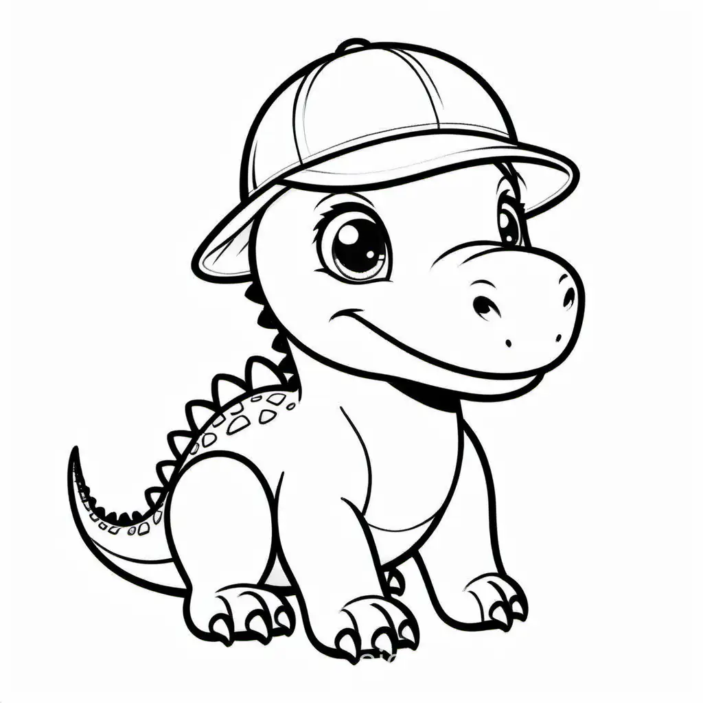 Baby dinosaur wear hat, Coloring Page, black and white, line art, white background, Simplicity, Ample White Space. The background of the coloring page is plain white to make it easy for young children to color within the lines. The outlines of all the subjects are easy to distinguish, making it simple for kids to color without too much difficulty